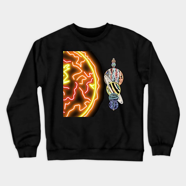 Electric Solar System Almost to Scale Neon Sun and Planets Crewneck Sweatshirt by gkillerb